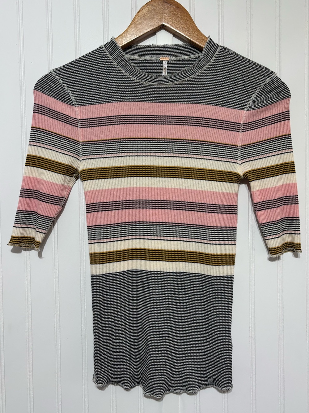 Free People Fitted Striped Ribbed Knit Retro Baby Tee Top Size M